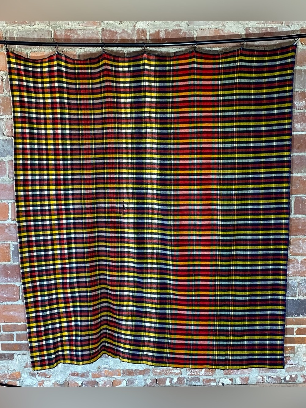 Vintage Plaid Wool Cutter Camp Blanket 70” x 80” Red Black White Yellow Green